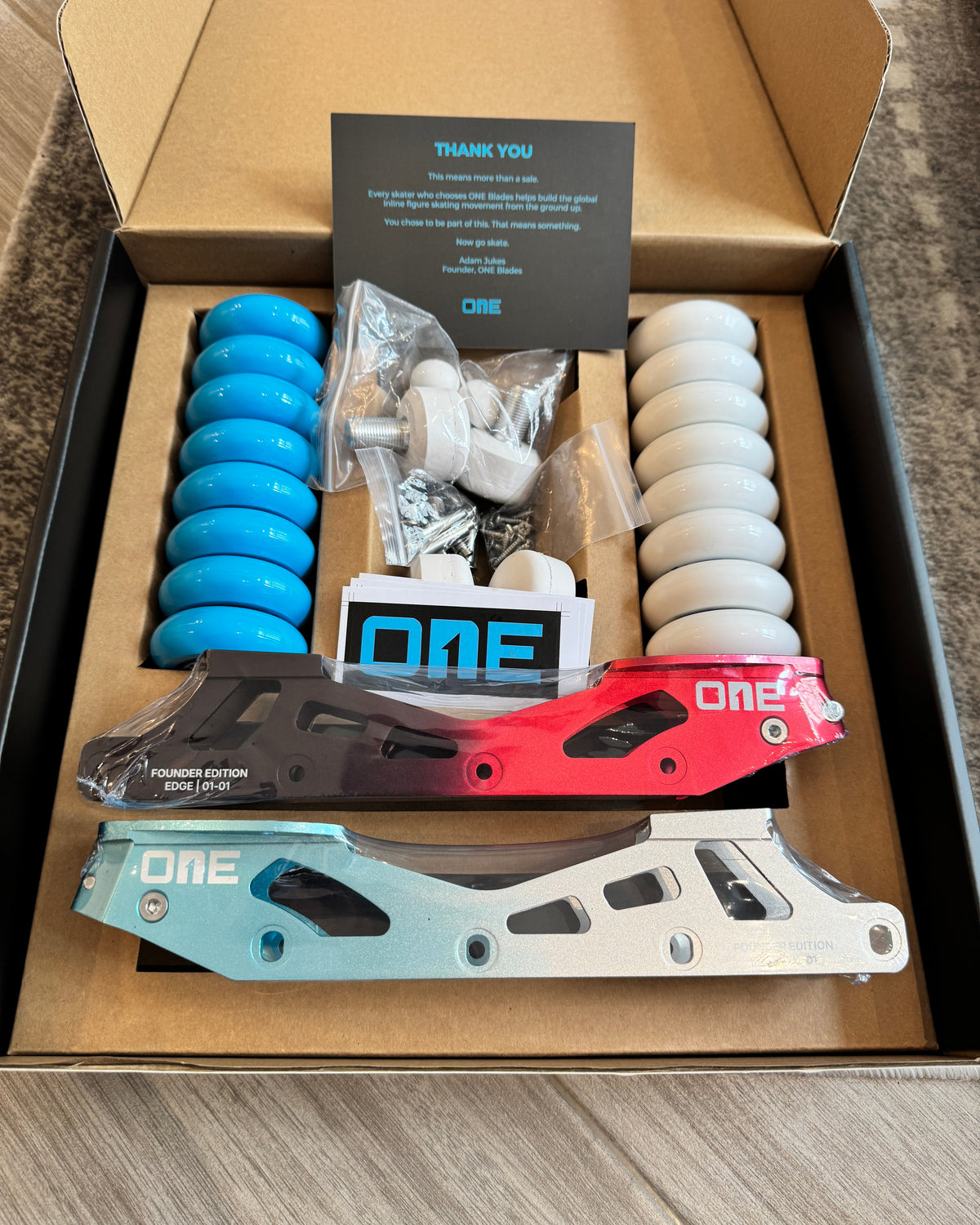 A boxed set of ONE Blades Founder Edition inline figure skating frames and all accessories.