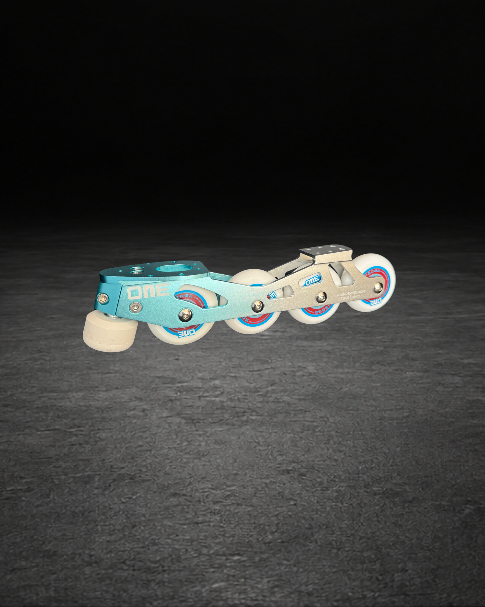 Turquoise and silver inline skate on a dark background