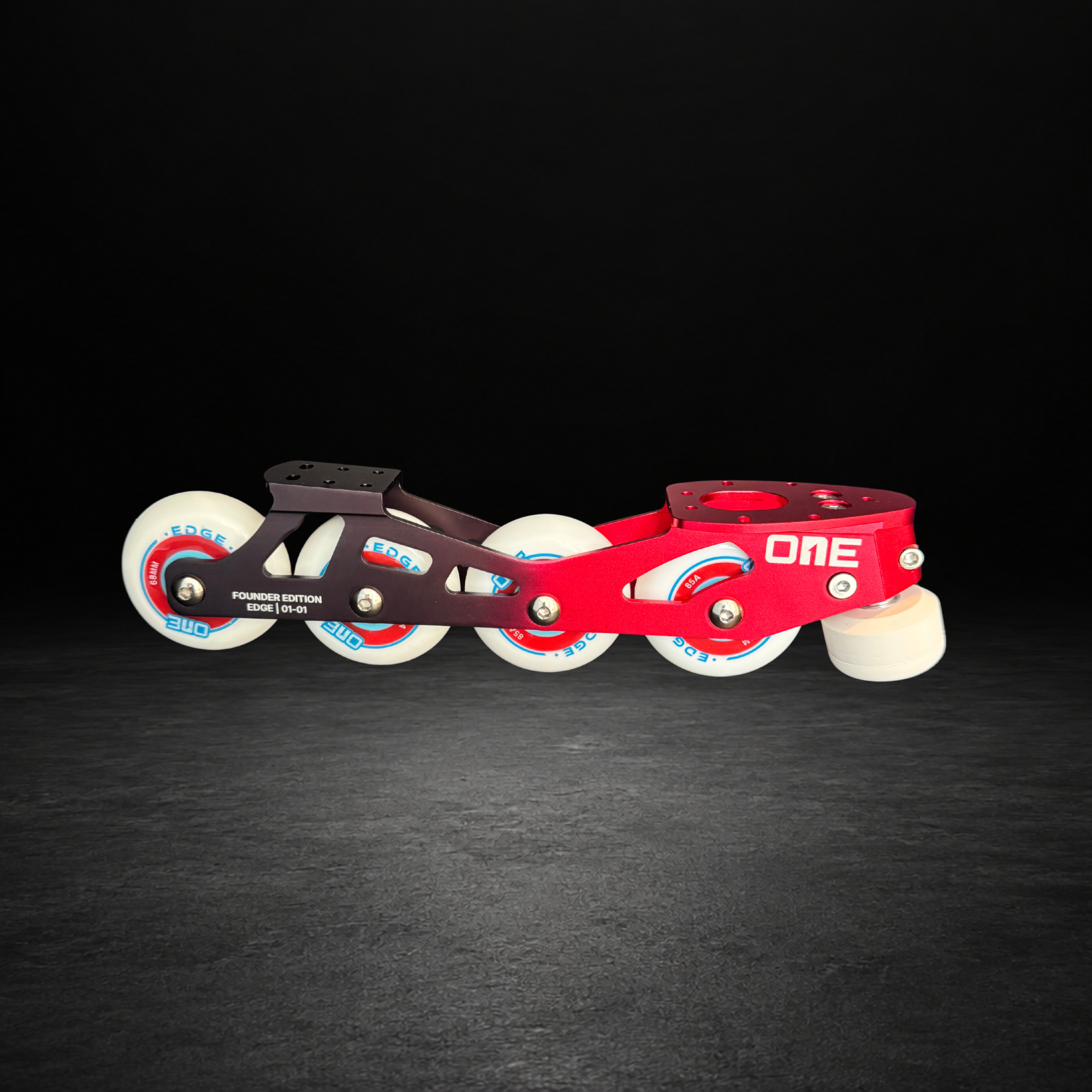 Red inline skate with white wheels on a black background