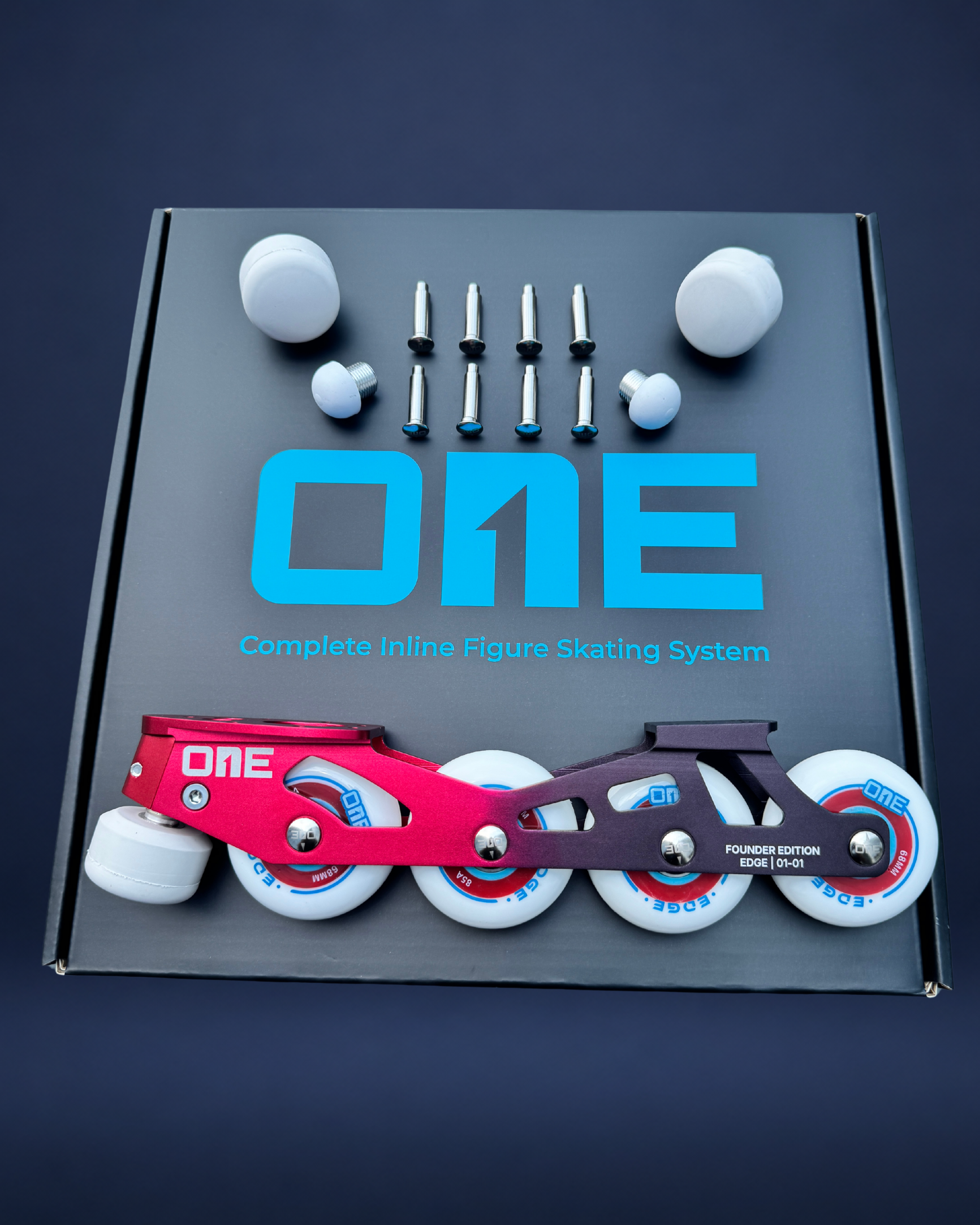 Box of inline figure skating system with 'ONE' branding on a dark background