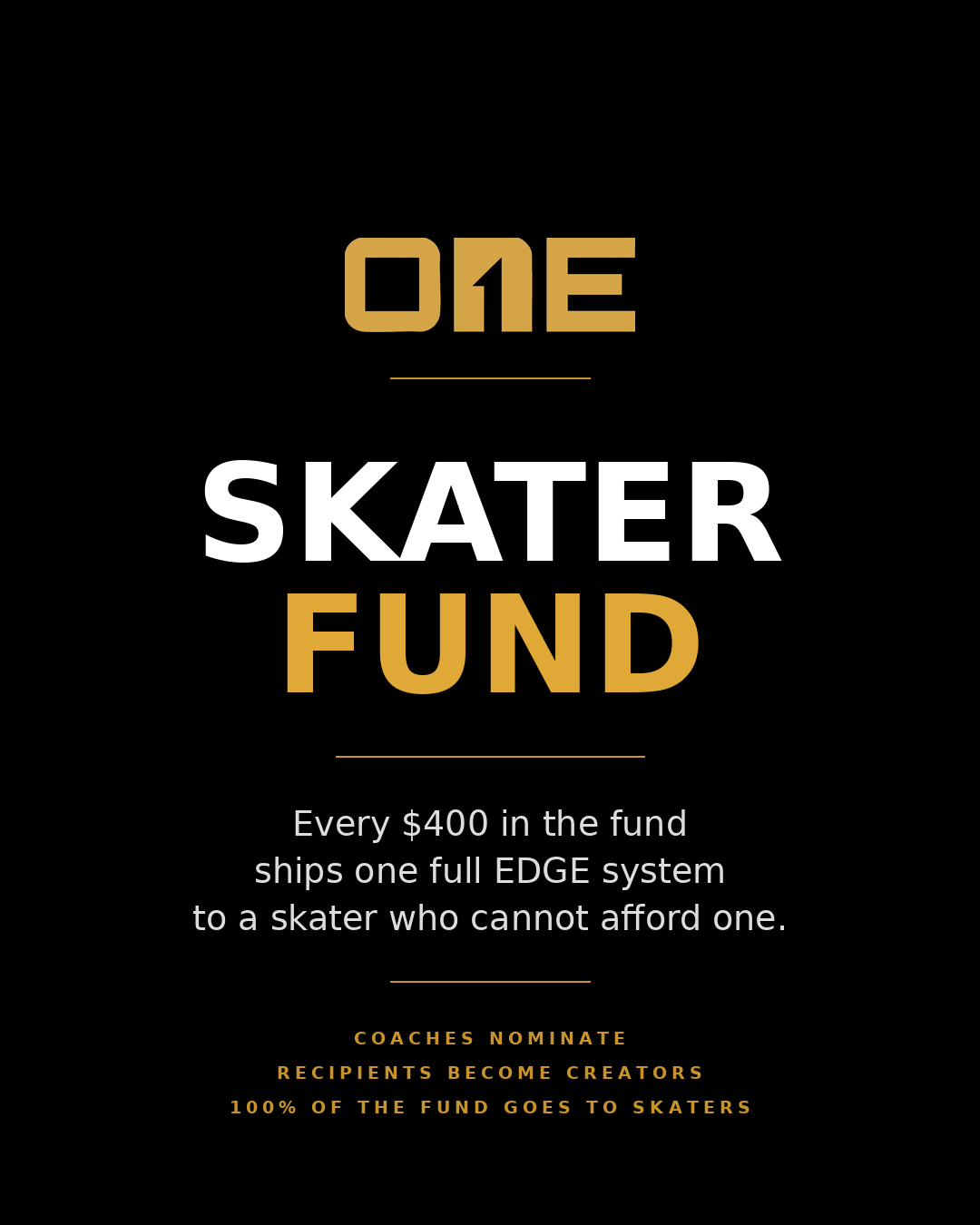 Advertisement for 'ONE Skater Fund' on a black background with gold and white text.